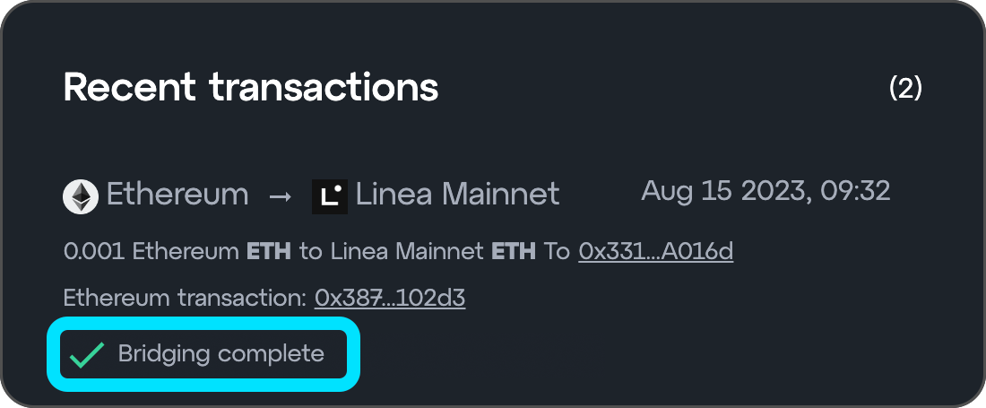 Linea bridge complete transaction